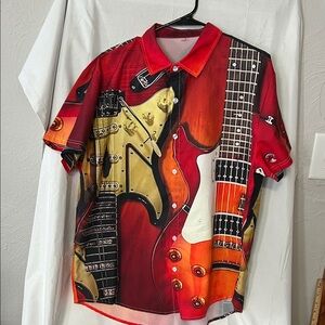 Men's Red Guitar Print Shirt Hawaiian Style Button Down Size L